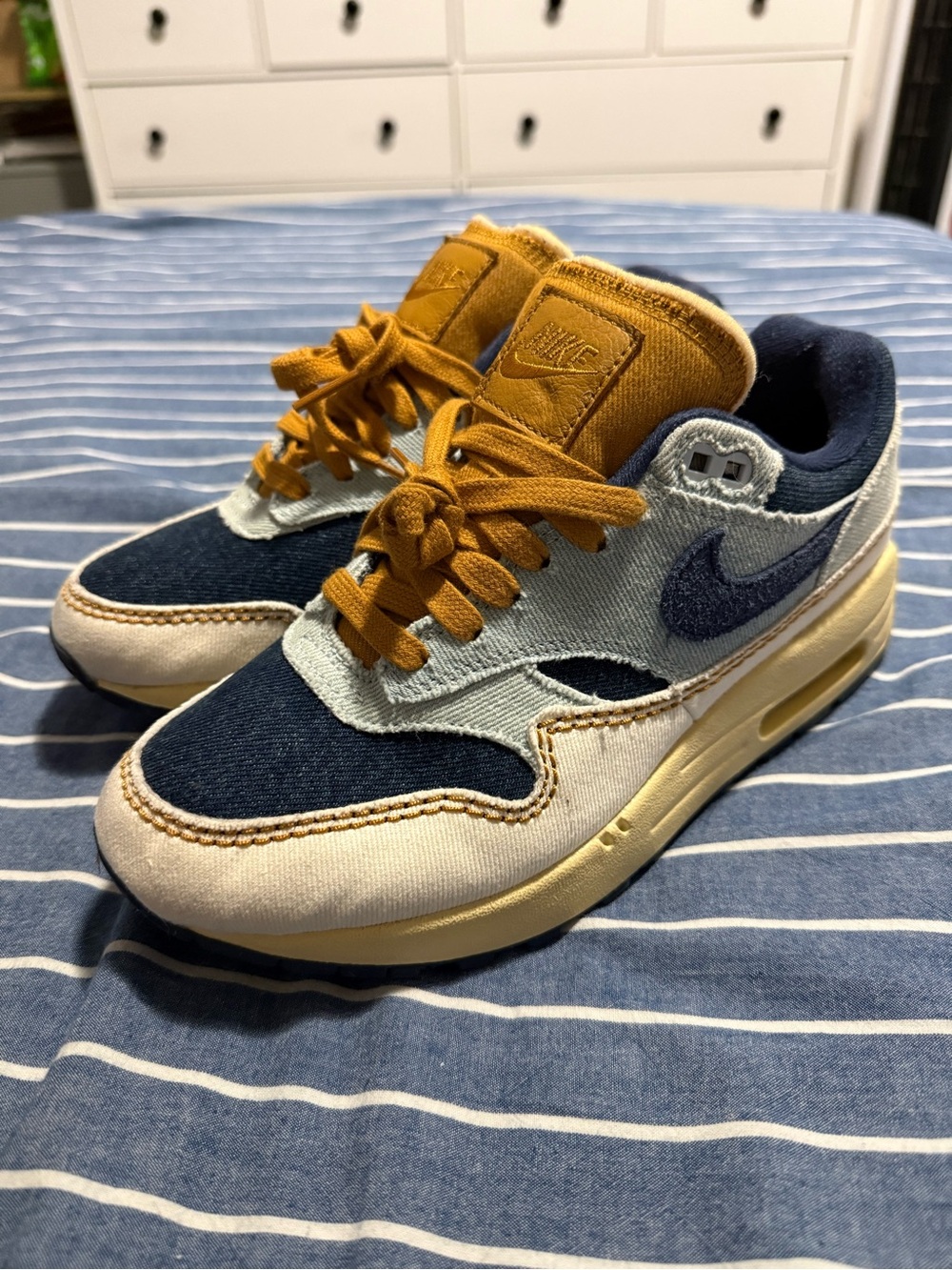 Nike Air Max 1 ‘87 Suede Low Top Sneakers in Navy, Light Blue and Mustard